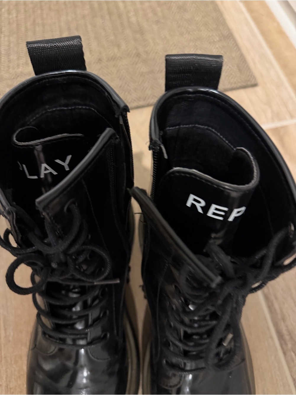 Replay Black High-Shine Lace-Up Platform Boots with Khaki Trim - Picture 6 of 9